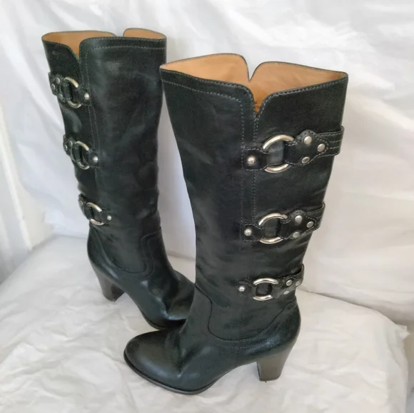 Frye Shoes Frye Fiona 3 Strap Black Leather High Heel Womens Riding Boots Size 6m Poshmark